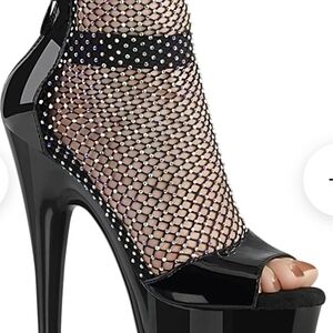 Pleaser Black Patent Peep-Toe Platform Sandal with Rhinestone Fishnet